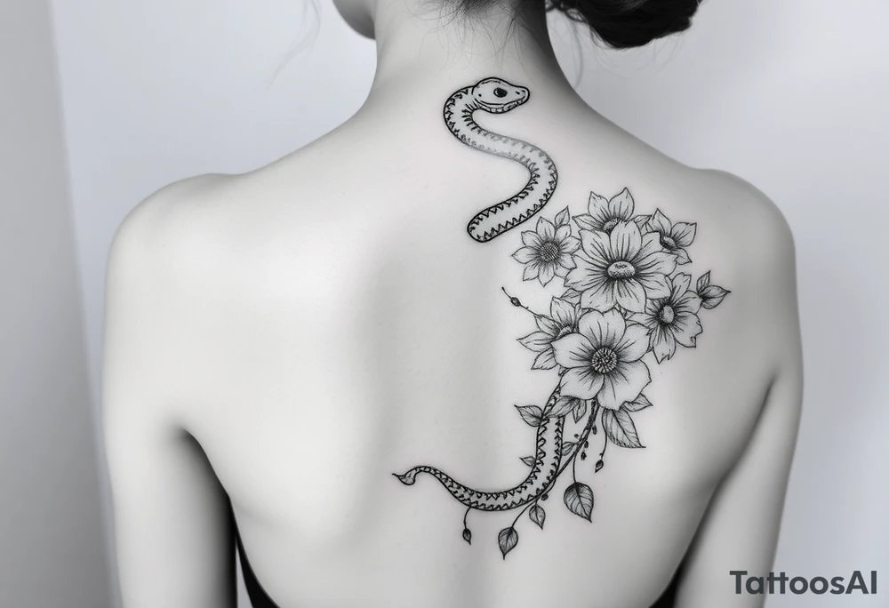 Snake wrapping around the spine with florals tattoo idea