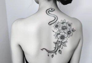 Snake wrapping around the spine with florals tattoo idea