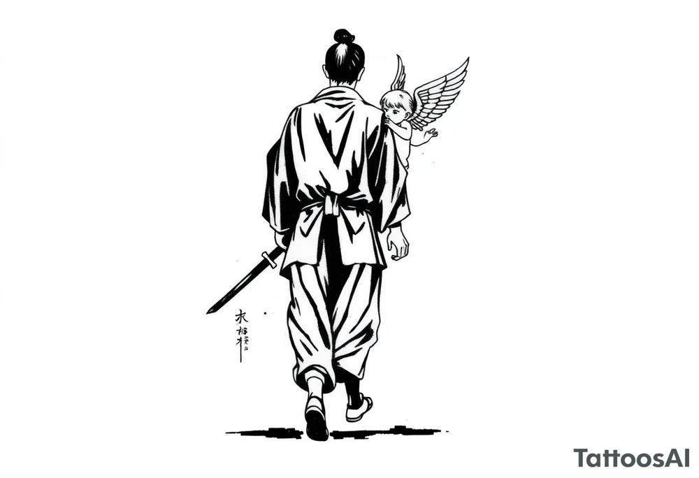 "Blackwork tattoo sketch of a lone samurai walking forward, shown in dramatic silhouette style. The samurai wears traditional kimono and hakama, holding a katana in one hand with the blade pointing downward. Behind him floats a small child angel with detailed feathered wings, gently touching the samurai’s back with one hand, as if stopping or guiding him. Strong contrast, dynamic ink splatter, rough brush strokes, Japanese sumi-e vibe, emotional and symbolic composition, high detail linework, no background." tattoo idea
