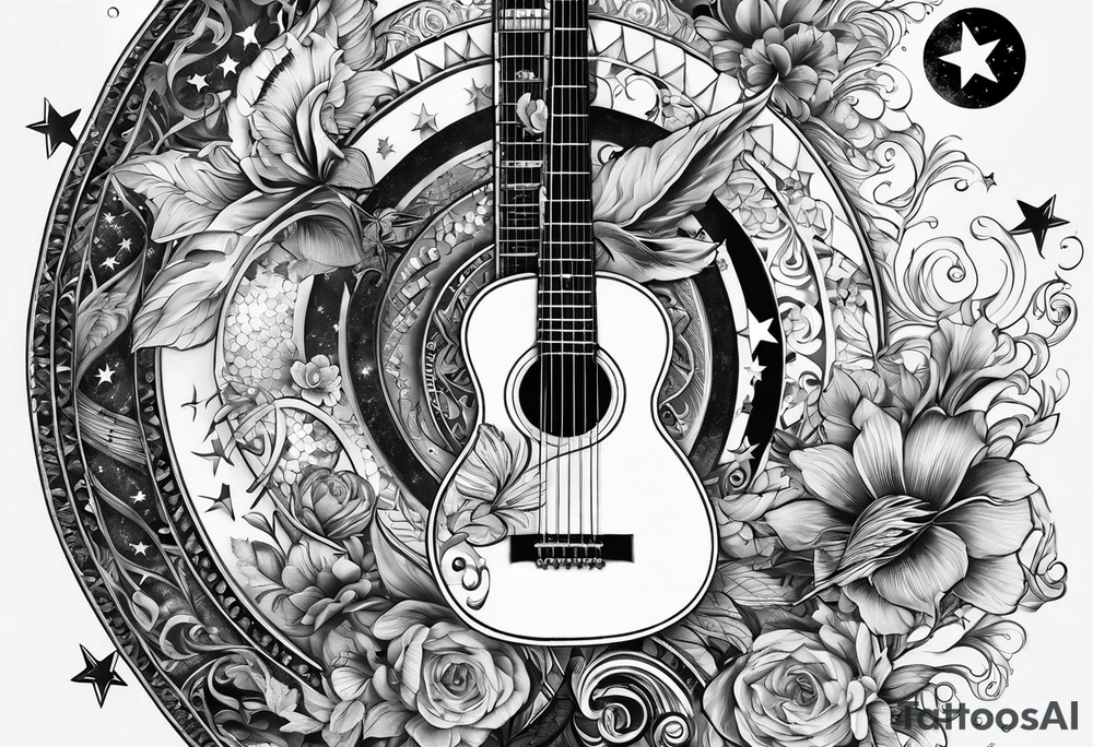 Collage for full left arm sleeve with:
2 stars,
quarter moon,
bass guitar,
caduceus symbol tattoo idea