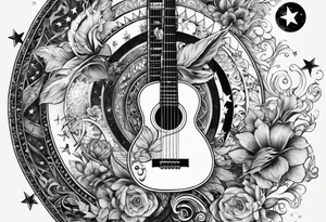 Collage for full left arm sleeve with:
2 stars, 
quarter moon, 
bass guitar, 
caduceus symbol tattoo idea