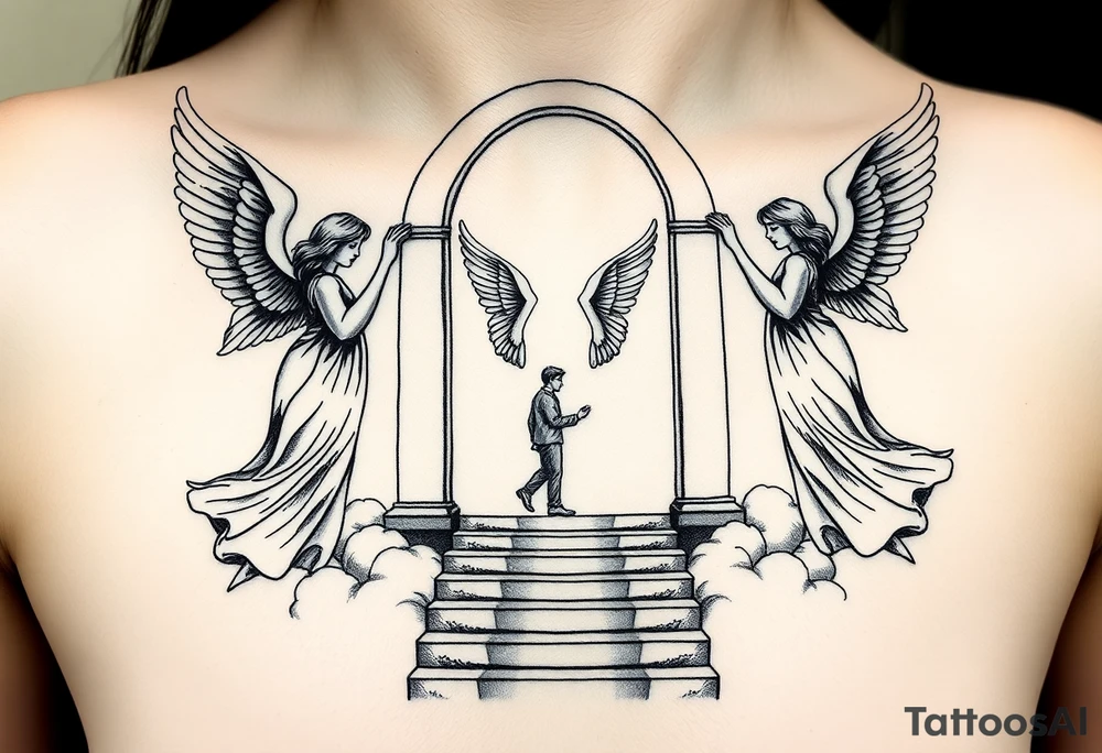 3 angels holding open the gates of heaven with the male figure walking up the steps.Saying fly high baby boy Realistic angels tattoo idea