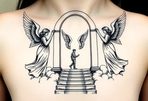 3 angels holding open the gates of heaven with the male figure walking up the steps.Saying fly high baby boy Realistic angels tattoo idea