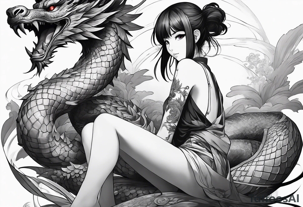 a full shot of an anime girl seen from far, sitting on a ball and surrounded by asian dragon with wings tattoo idea