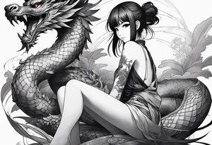 a full shot of an anime girl seen from far, sitting on a ball and surrounded by asian dragon with wings tattoo idea