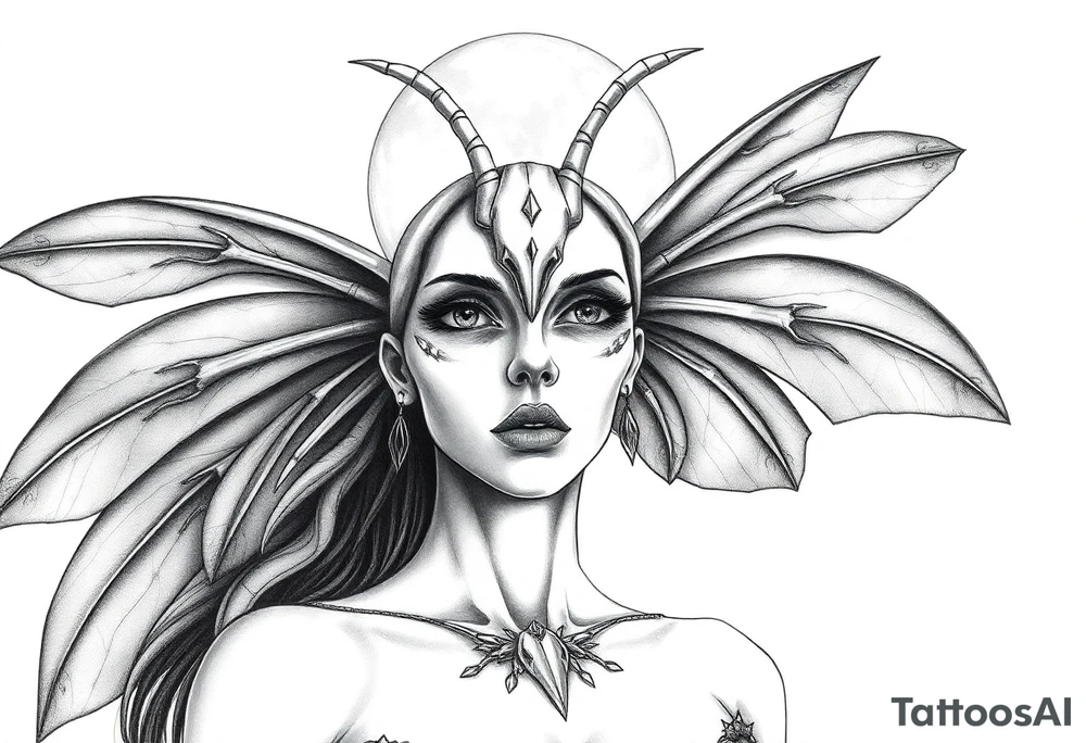ethereal lunar moth resemblance powerfully sexy depiction of the goddess estate nude full frontal with exotic erotic lingerie orgasmic stare realistic the hottest depiction of the goddess of Love and war basking in the sun high above half a face bone skeleton tattoo idea