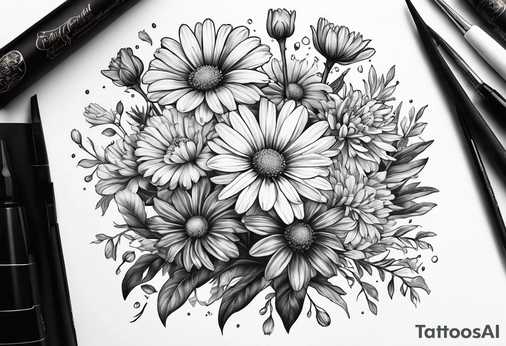 half sleeve botanical illustration of full plant aster, daisy, and carnations tattoo idea