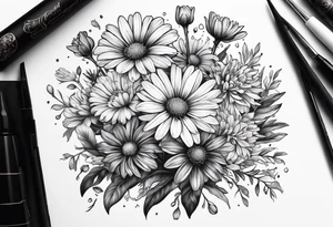 half sleeve botanical illustration of full plant  aster, daisy, and carnations tattoo idea