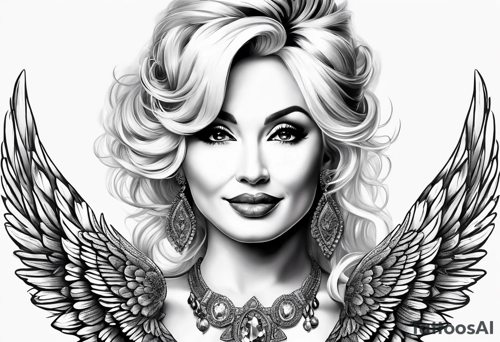 An angelic tattoo featuring Dolly Parton, an acorn, wings tattoo idea