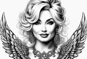 An angelic tattoo featuring Dolly Parton, an acorn, wings tattoo idea