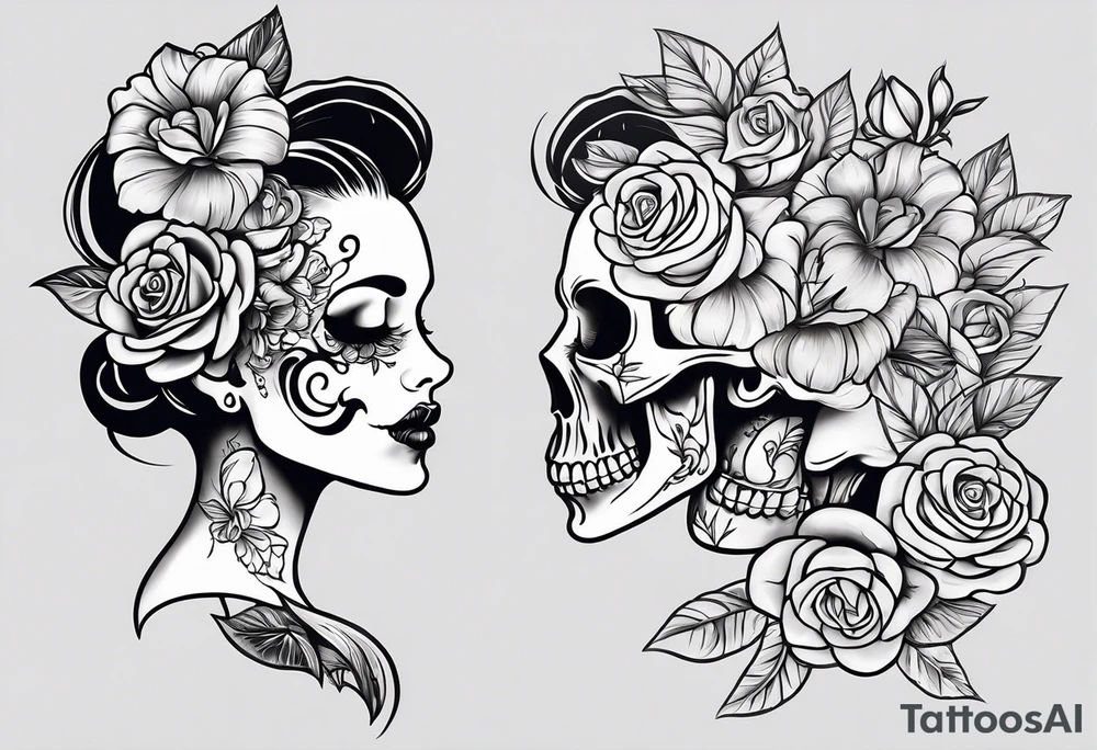 neck tattoo stencil about pain and struggle in new school or polka trash style with flowers and/or skulls tattoo idea