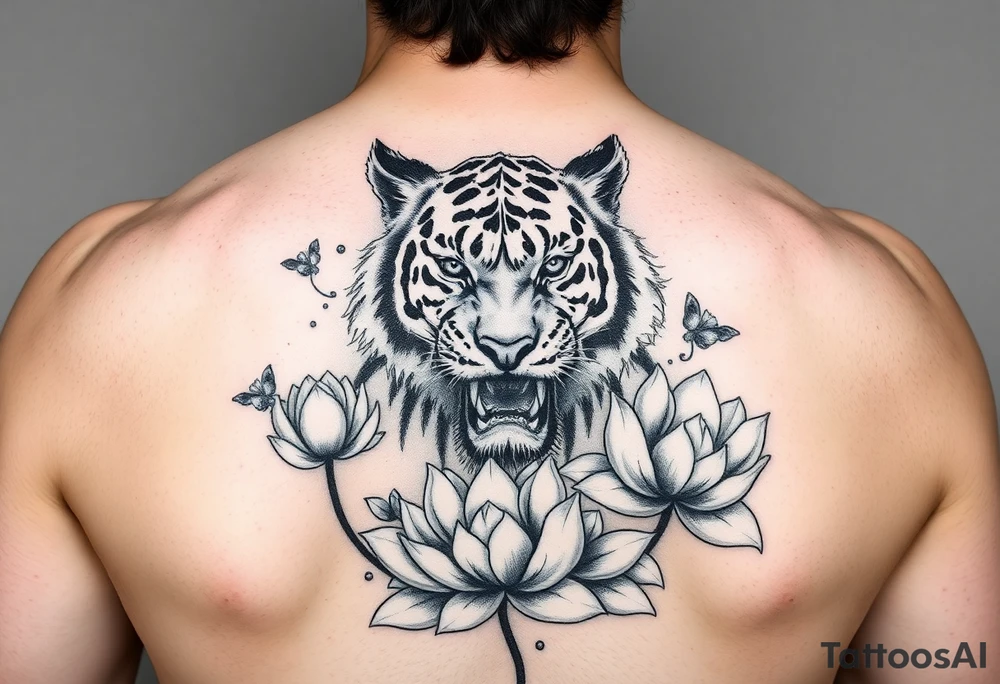 fierce tiger emerging through blooming lotus flowers in mist tattoo idea