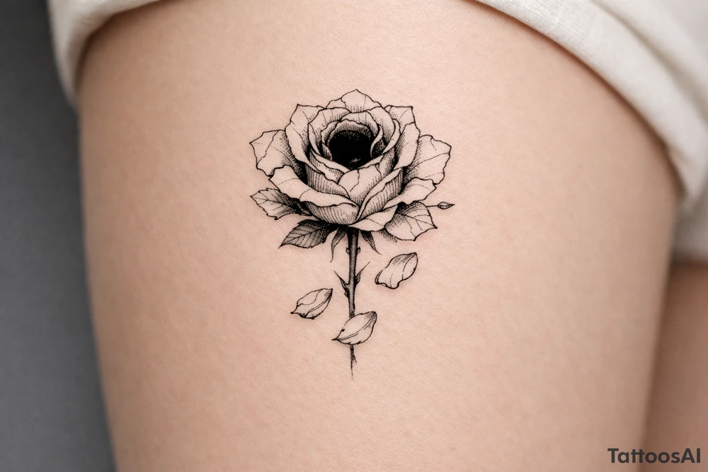 A single rose, petals cracked and falling, a dark void within. tattoo idea