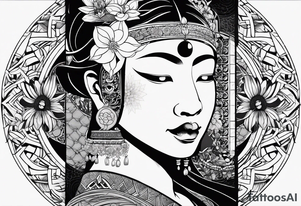 Very asymmetrical, +geometric pattern, with realistic full moon, with hippo, +zen feel, + Buddhism touch, +tribal, +geometric, +inkart 
with wintersweet flower bud, +portrait orientation, +inkart touch, tattoo idea