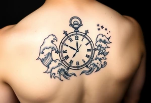 Nautical theme clock surrounded by waves in Japanese style tattoo idea