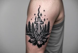 Campfire with cross hidden in the flames include the great outdoors and night sky make sure cross doesn't look like it is on fire tattoo idea