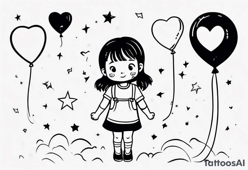 Little girl holding on to heart and star balloons and going up to the sky tattoo idea