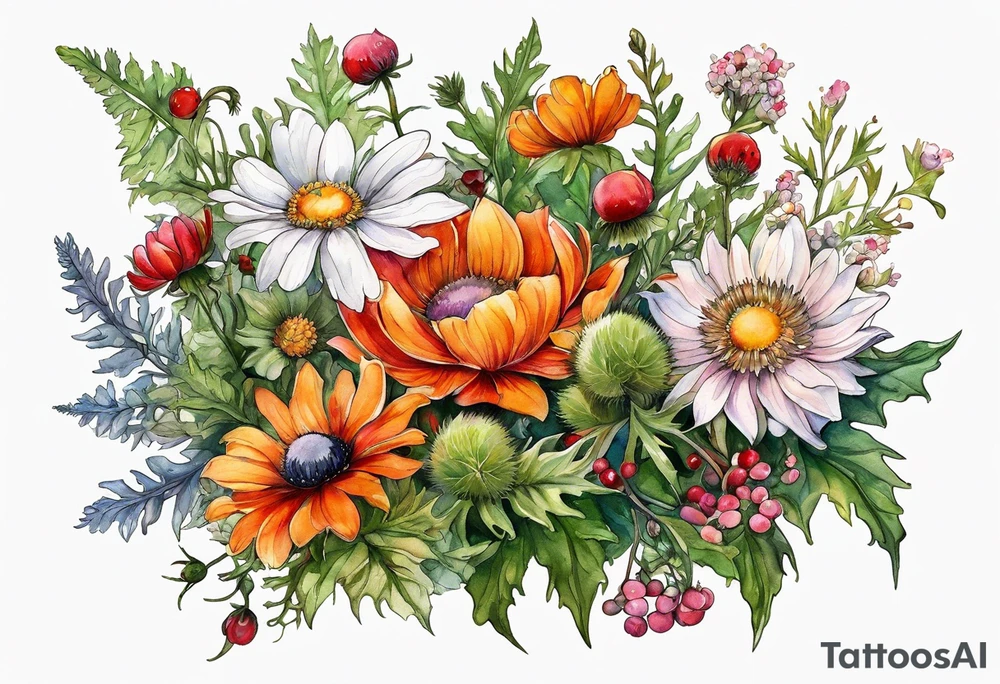 wildflowers with thistles, ferns, white anemones, sun flowers, orange flowers, green flowers, pink flowers, red flowers, berries and babies breath and daisies all in watercolor tattoo idea