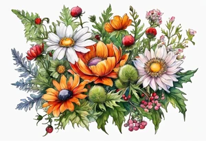 wildflowers with thistles, ferns, white anemones, sun flowers, orange flowers, green flowers, pink flowers, red flowers, berries and babies breath and daisies all in watercolor tattoo idea