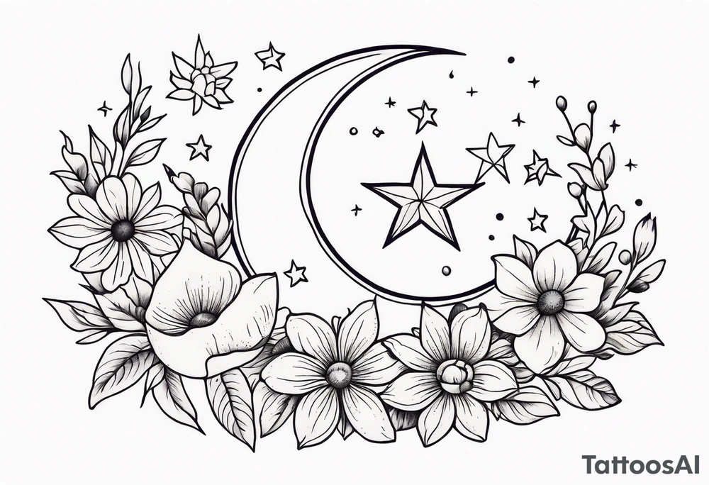 Moon stars flowers tattoo idea
