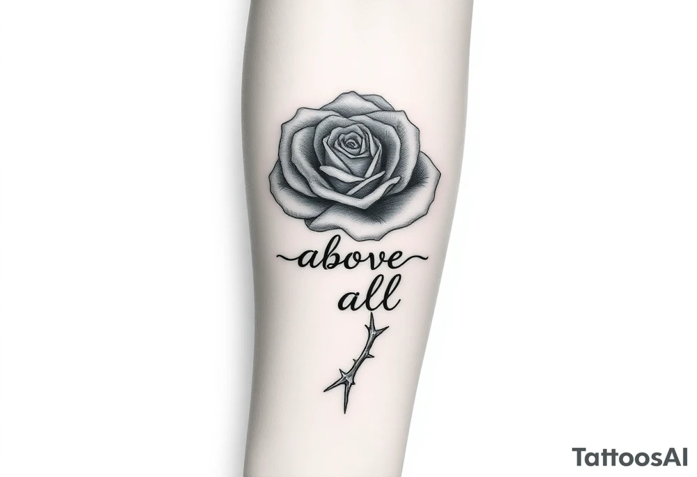 rose tattoo with thorns saying rise above all tattoo idea