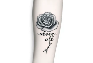 rose tattoo with thorns saying rise above all tattoo idea