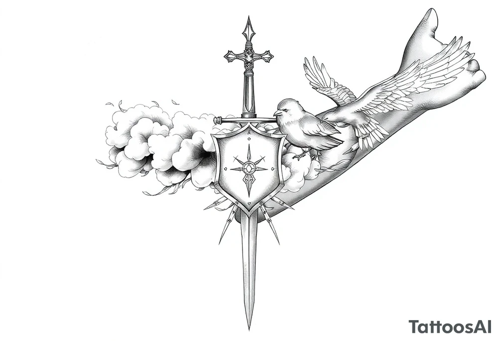 clouds, sword, shield, cross, birds tattoo idea