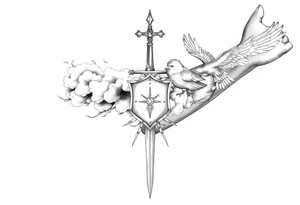 clouds, sword, shield, cross, birds tattoo idea