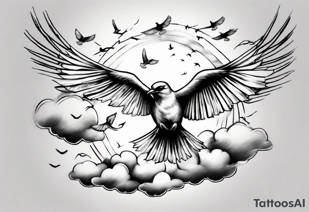 a shoulder tattoo with rays of light, clouds and birds flying free tattoo idea