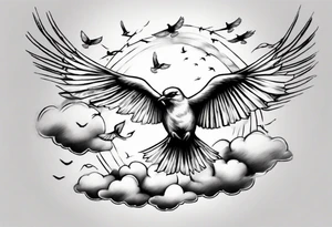 a shoulder tattoo with rays of light, clouds and birds flying free tattoo idea