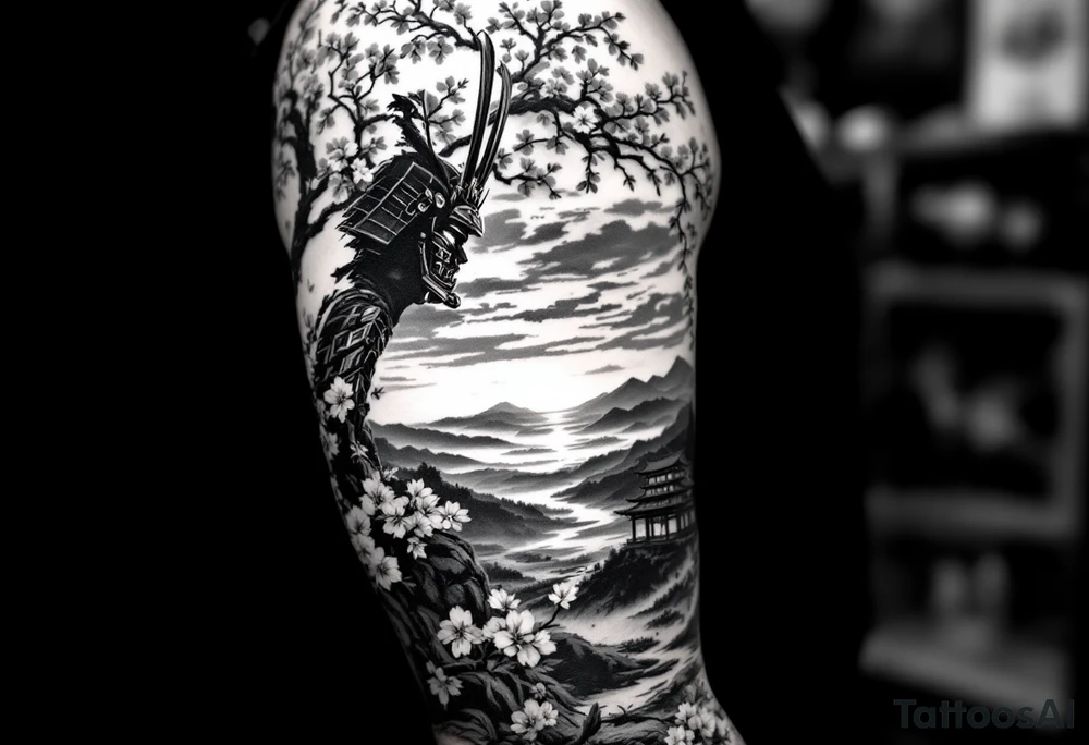 noble samurai warrior silhouette at sunset with cherry blossoms tattoo idea