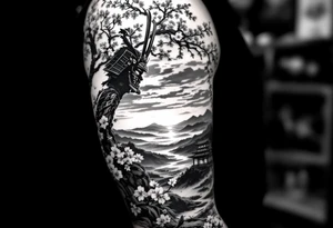 noble samurai warrior silhouette at sunset with cherry blossoms tattoo idea