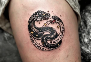 „Kazdy konec je novy zacatek.“ — A black snake eating its tail (ouroboros) with golden stars inside, and the phrase flowing through the ring. tattoo idea