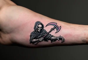 A comic-style Reaper in grayscale with a bubblegum-pink scythe for surreal contrast. tattoo idea
