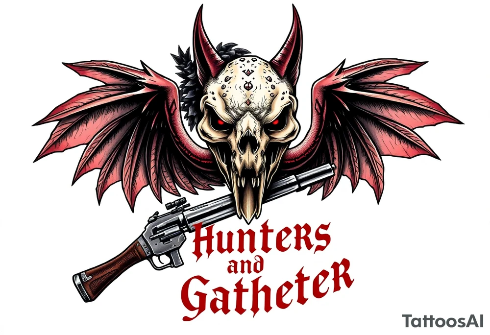 Rabid demon wolf dragon evil eagle's skull on standing on a  futuristic gun sword hatchet are  "hunters and gatherers"written in bloody olde English tattoo idea