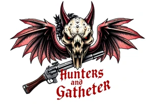 Rabid demon wolf dragon evil eagle's skull on standing on a  futuristic gun sword hatchet are  "hunters and gatherers"written in bloody olde English tattoo idea