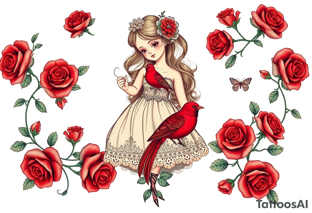 Vintage dollies, red roses, lace, red bird, vintage, wrap around, tighter together, no space open tattoo idea