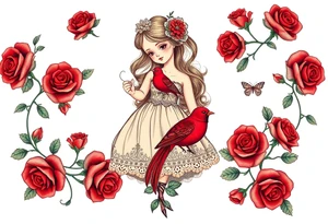 Vintage dollies, red roses, lace, red bird, vintage, wrap around, tighter together, no space open tattoo idea