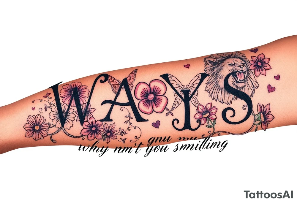 W.A.Y.S spelled out with why aren’t you smiling under neath it with flowers, butterflies and hearts with 444 and a lion tattoo idea