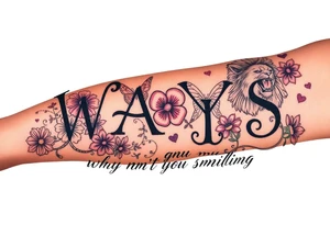 W.A.Y.S spelled out with why aren’t you smiling under neath it with flowers, butterflies and hearts with 444 and a lion tattoo idea