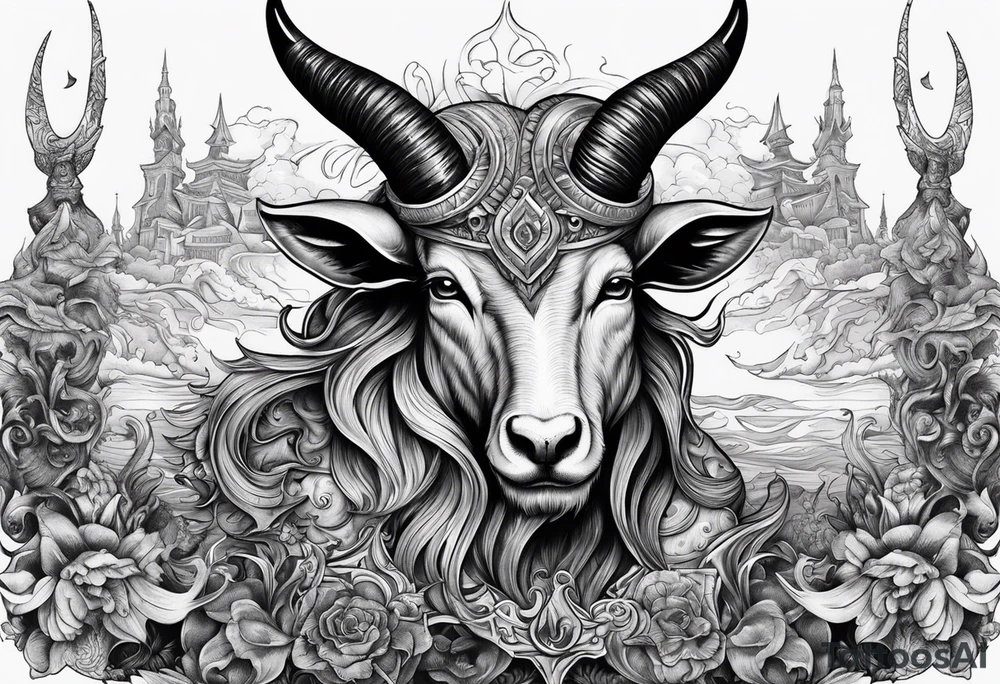 Devil with goat horns in a sea of souls tattoo idea