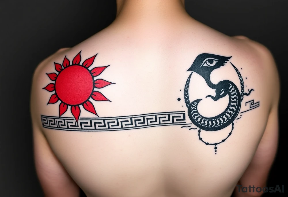 Neo-tribal Greek meander tattoo band for forearm, long horizontal wrap-around design. Left side (day): red sun with sharp tribal spikes, abstract running human silhouettes in angular style. Right side (night): black crescent moon with dotwork shading, tribal-style ouroboros snake. All symbols integrated into a continuous meander pattern — geometric but with organic neo-tribal flow. Additional elements: tribal eye motif, minimal Tree of Life as sharp branching lines. High-contrast black and red ink, clean line art, no gradients. Inspired by ancient Greek borders fused with modern tattoo aesthetics, seamless repeat pattern tattoo idea