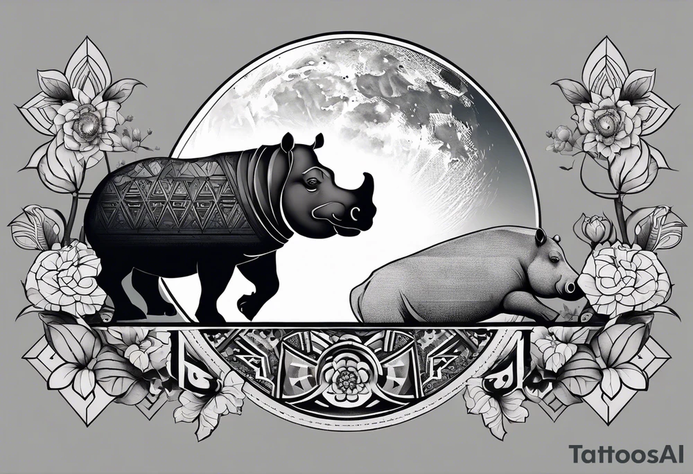 Very asymmetrical, +geometric pattern, with realistic full moon, with hippo at side look, +tribal, +geometric, +inkart , +blackwork, +grey scale, + sketch
with wintersweet flower bud, +inkart touch, +for men tattoo idea