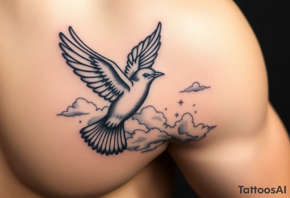 Dove and a blue jay, clouds, shining light to or from heaven tattoo idea