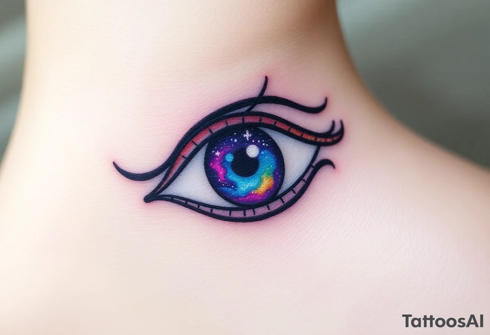 Eye of Horus with a cosmic galaxy inside the iris, swirling in shades of purple, blue, and gold tattoo idea