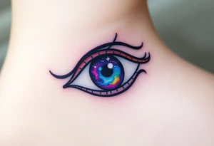 Eye of Horus with a cosmic galaxy inside the iris, swirling in shades of purple, blue, and gold tattoo idea