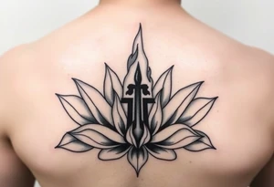 neo-traditional burning letter, lotus background, black and grey shading tattoo idea