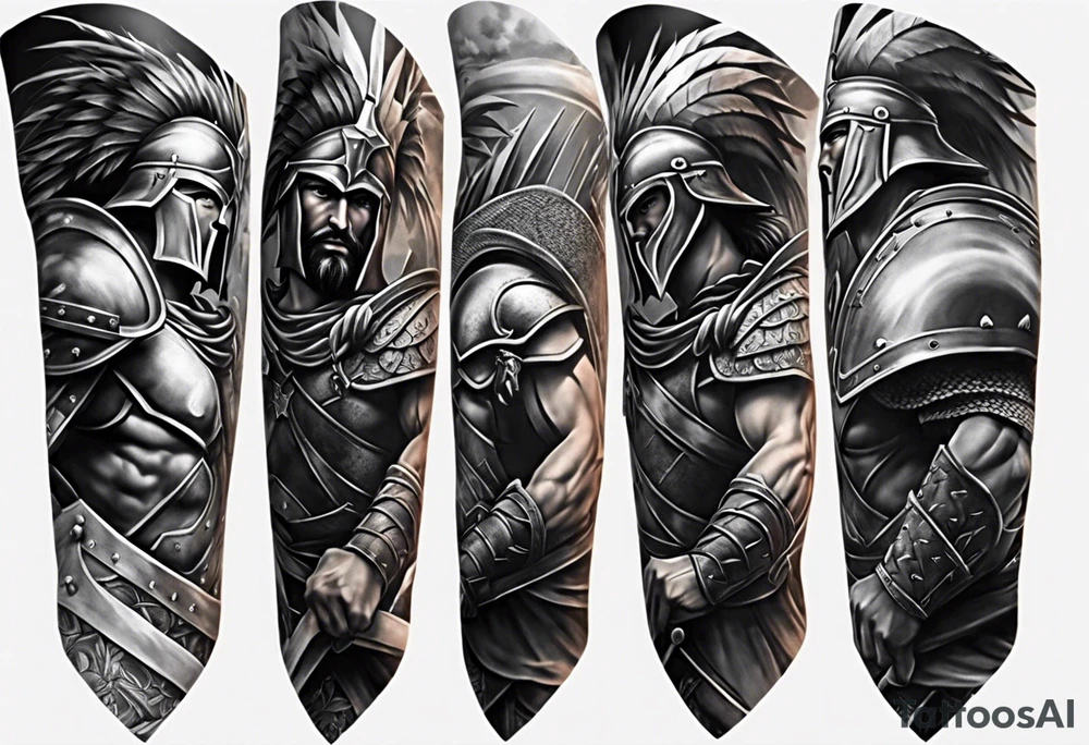 Full Leg sleeve the whole leg of the battle of 300 with a lot of Spartans tattoo idea