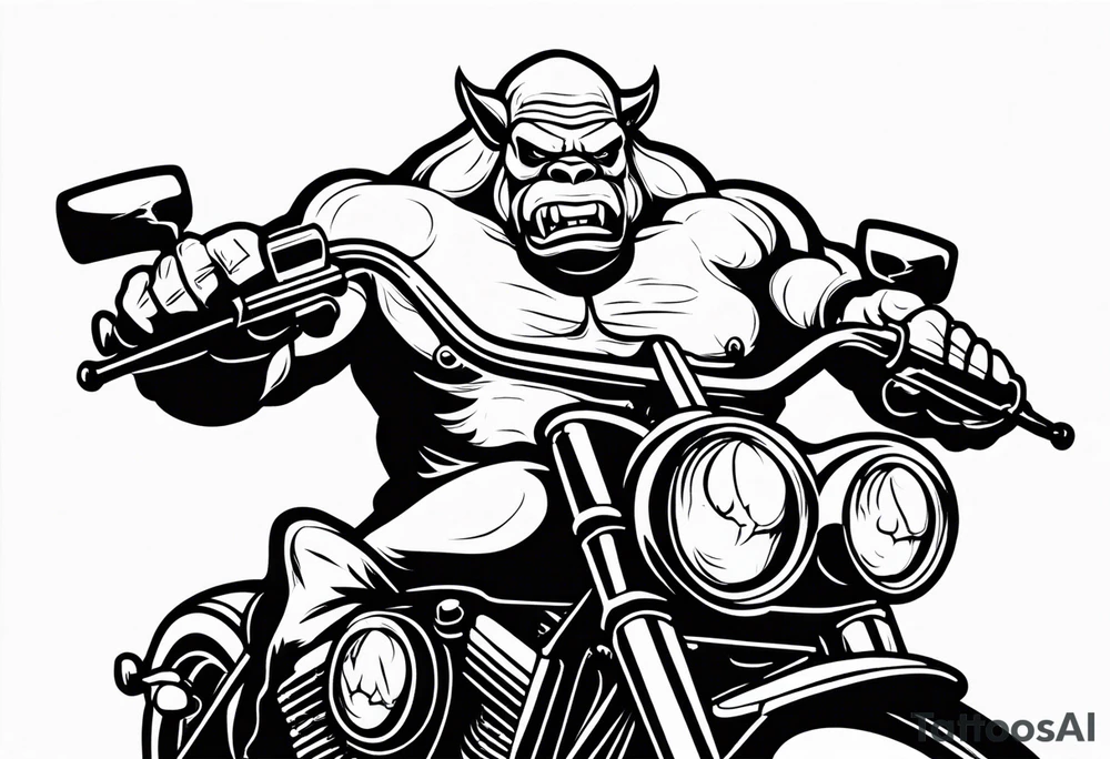 Ogre riding a Harley with ape hanger handlebars tattoo idea