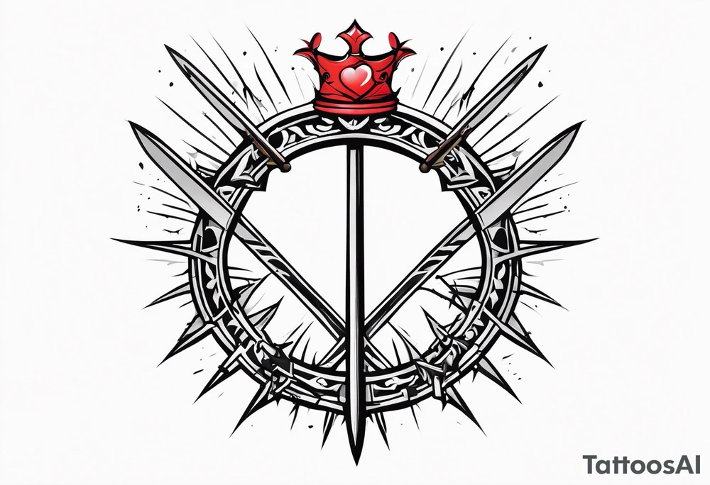 A simple design of a crown of thorns resting on the guard of a sword that is piercing a heart tattoo idea